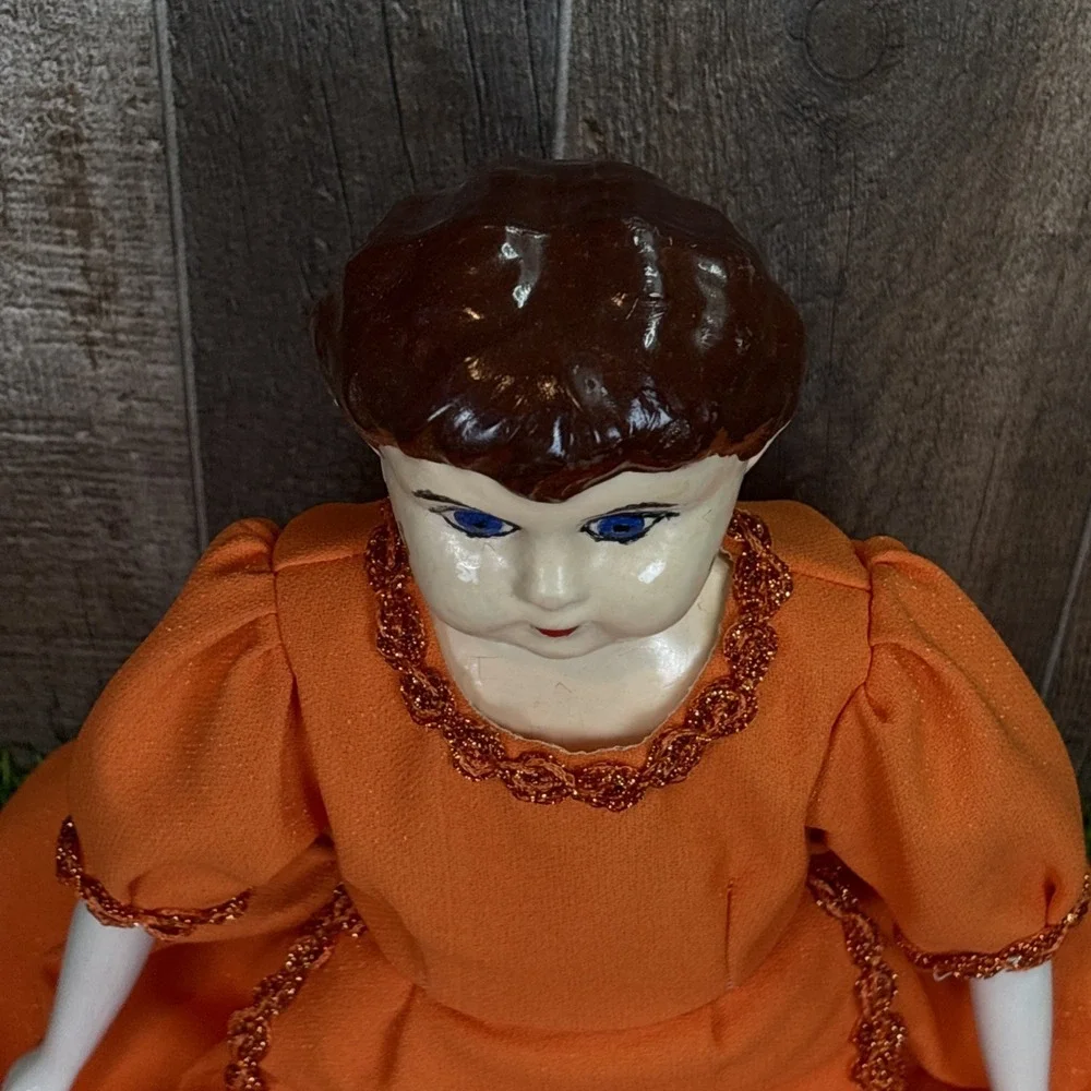 Vintage German Porcelain Doll‎ Orange Dress Hand Painted Face AS IS